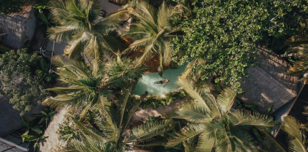 Drone Shot of a Person Swimming in a Pool